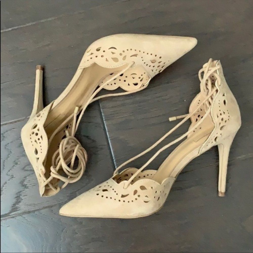 Aldo Antoinette Suede Eyelet Strappy Pumps Heel Nude 7.5 - Picture 2 of 4